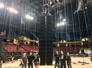 The audio crew responsible for Kevin Hart's Irresponsible tour with one of the K2 arrays: (L-R) FOH Engineer Scott Tydings, A2 Josh Cornell, A1 Paul Scodova, Crew Chief/A1 Pat Fisher, System Tech Matthew Fox, and A2 Dawson Bristol 
